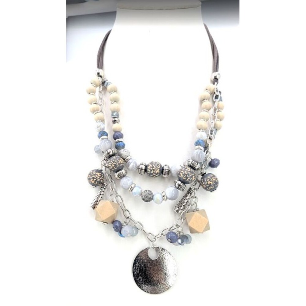 Statement Necklace 3 Strand Silver Tone Acrylic Beads Suede Disc Pendant 24 in